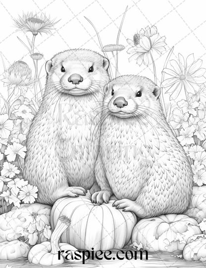 Autumn Animals Grayscale Coloring Pages for Adults and Kids, Printable PDF File Instant Download