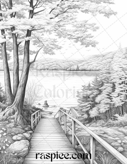 Autumn Scenery Grayscale Coloring Pages Printable for Adults, PDF File Instant Download