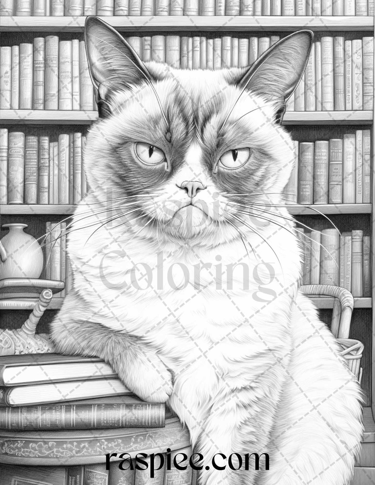 50 Grumpy Cat Grayscale Coloring Pages Printable for Adults, PDF File Instant Download