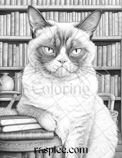 50 Grumpy Cat Grayscale Coloring Pages Printable for Adults, PDF File Instant Download