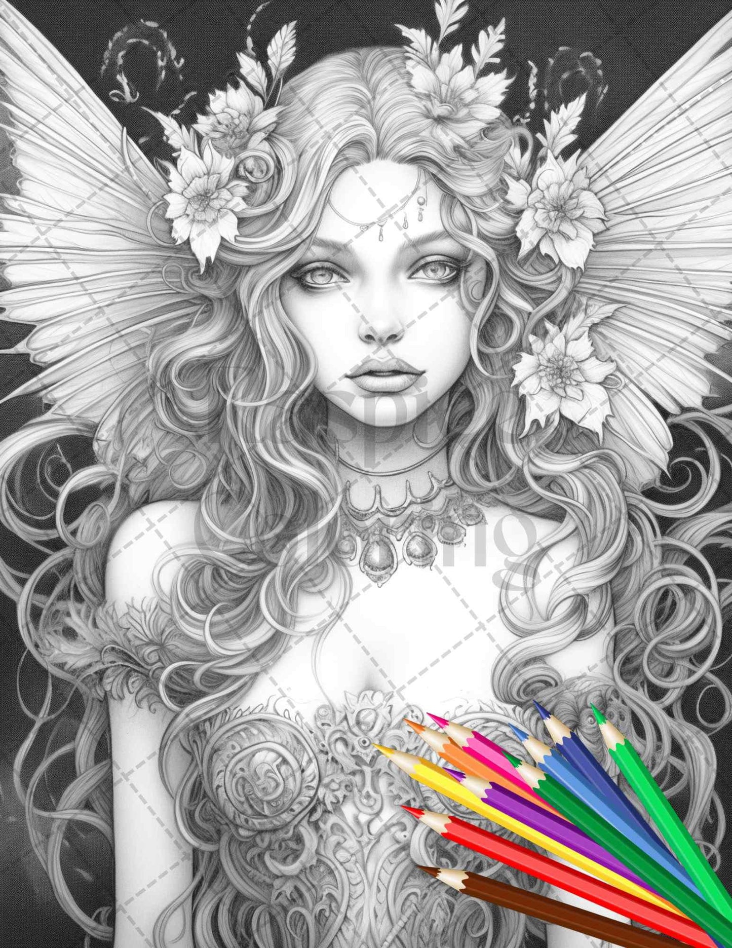 Beautiful Dark Fairy Grayscale Coloring Pages Printable for Adults, PDF File Instant Download
