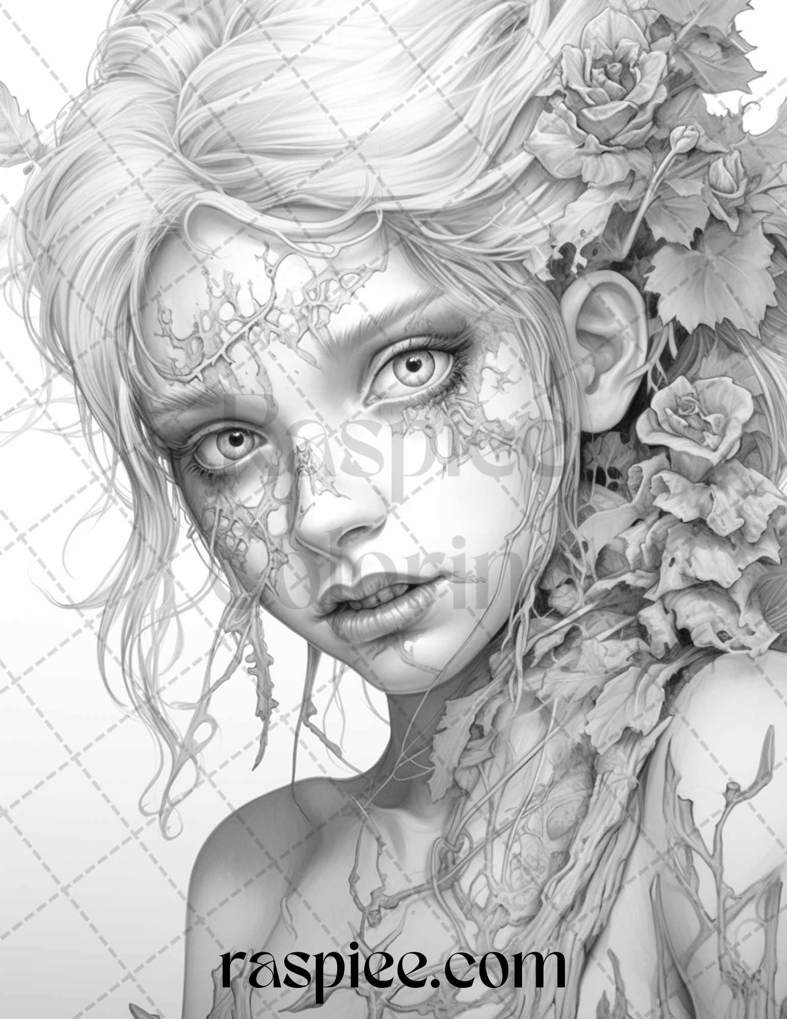 60 Halloween Zombie Fairy Grayscale Coloring Pages Printable for Adults, PDF File Instant Download