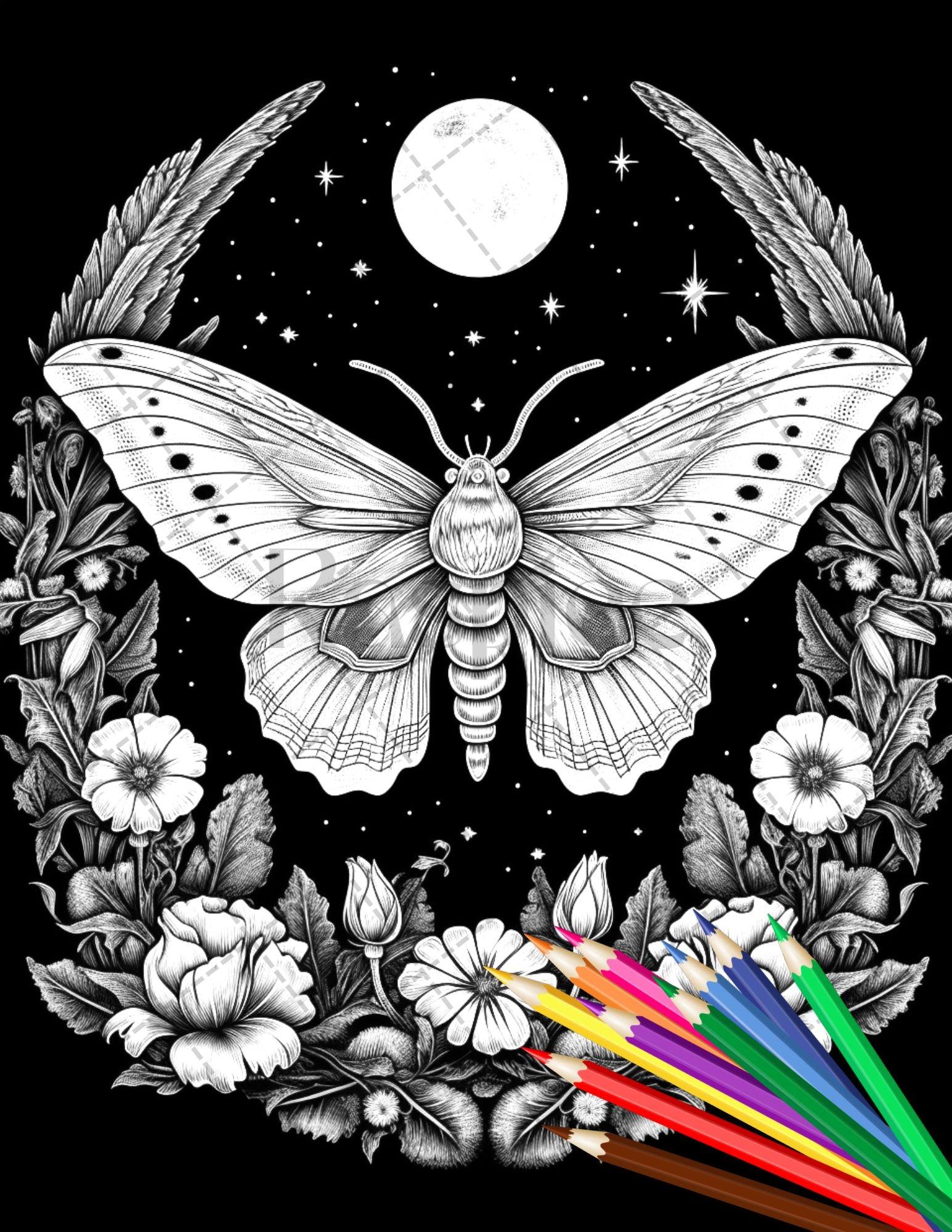 32 Beautiful Moths and Floral Coloring Book for Adults, Grayscale Coloring Page, Printable PDF Instant Download