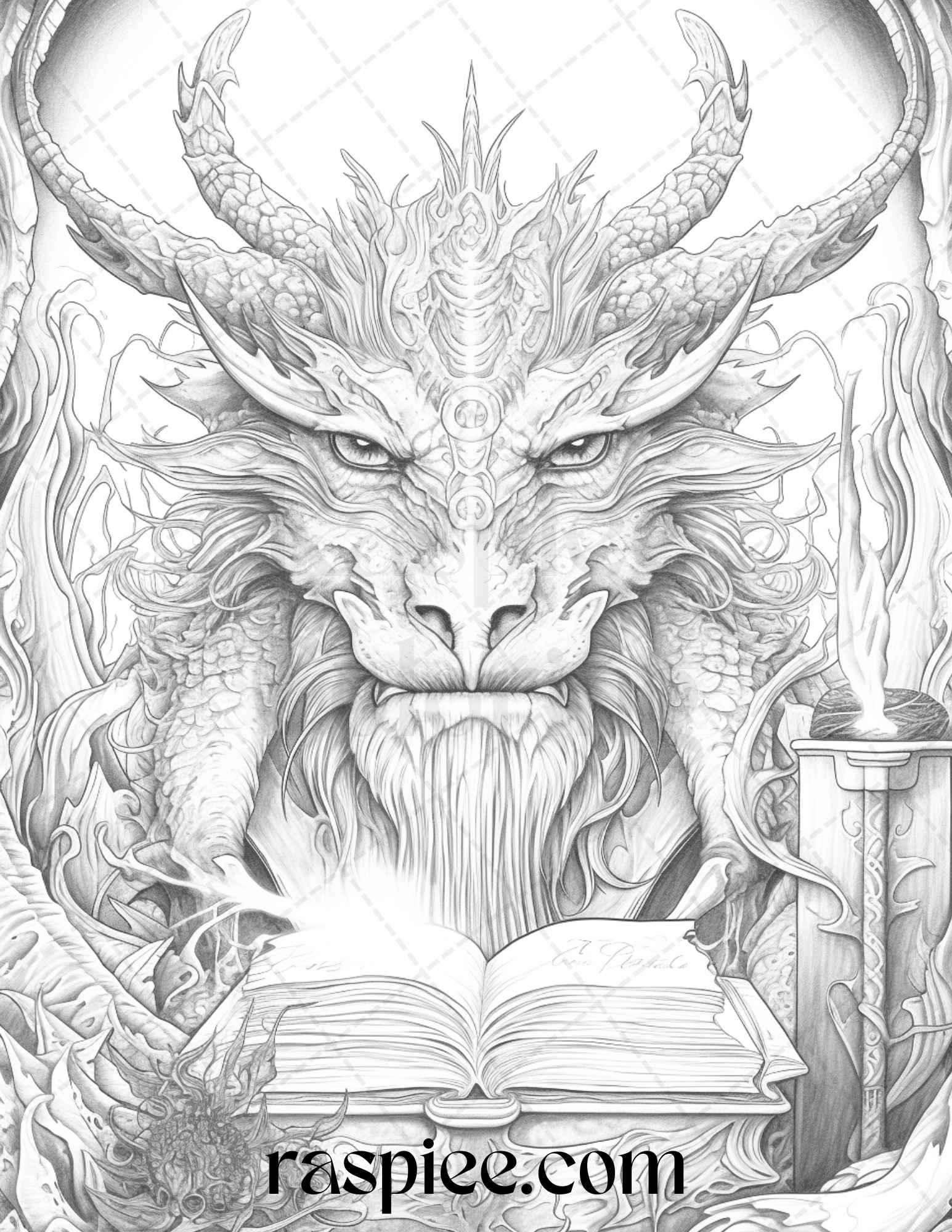 50 Magical Books Grayscale Coloring Pages Printable for Adults, PDF File Instant Download