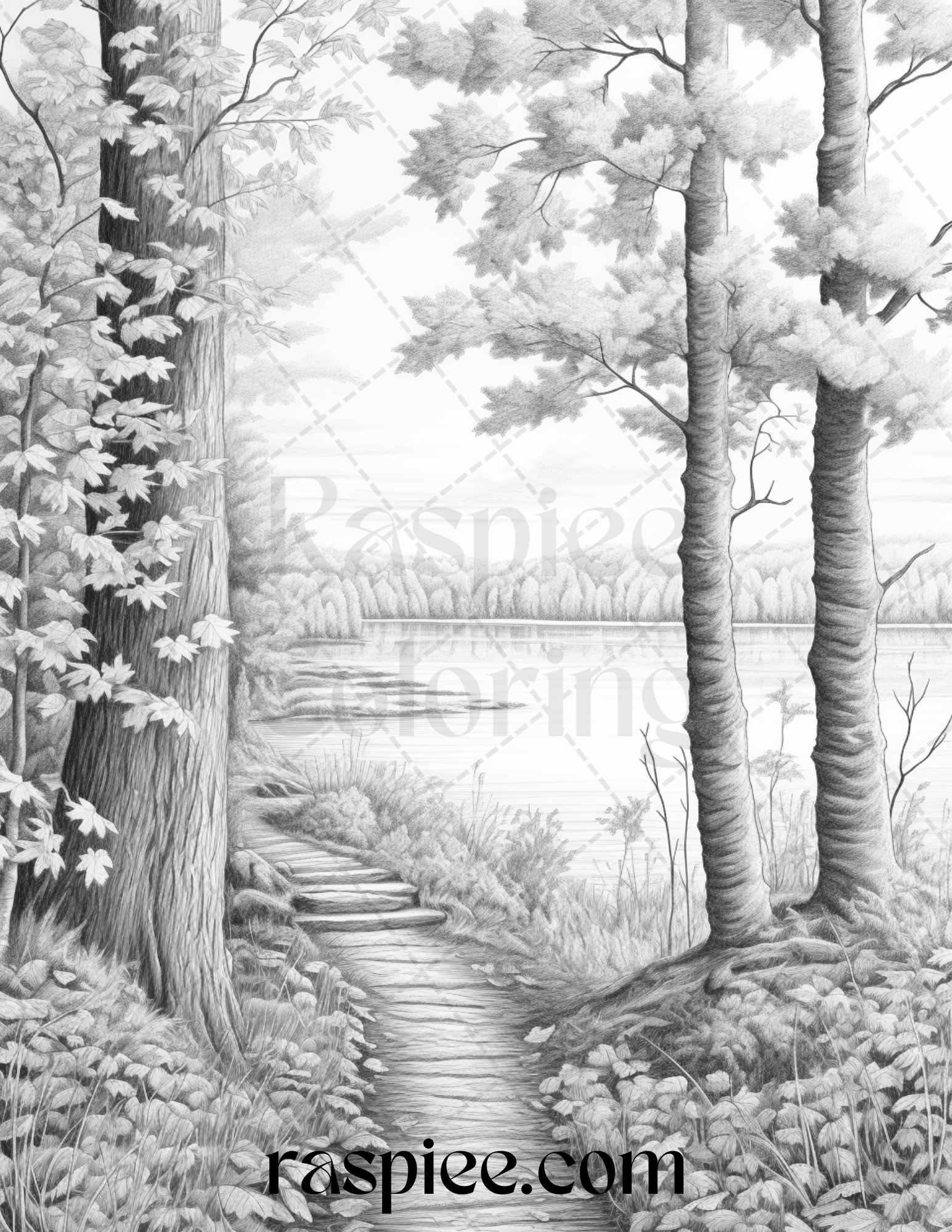 Autumn Scenery Grayscale Coloring Pages Printable for Adults, PDF File Instant Download
