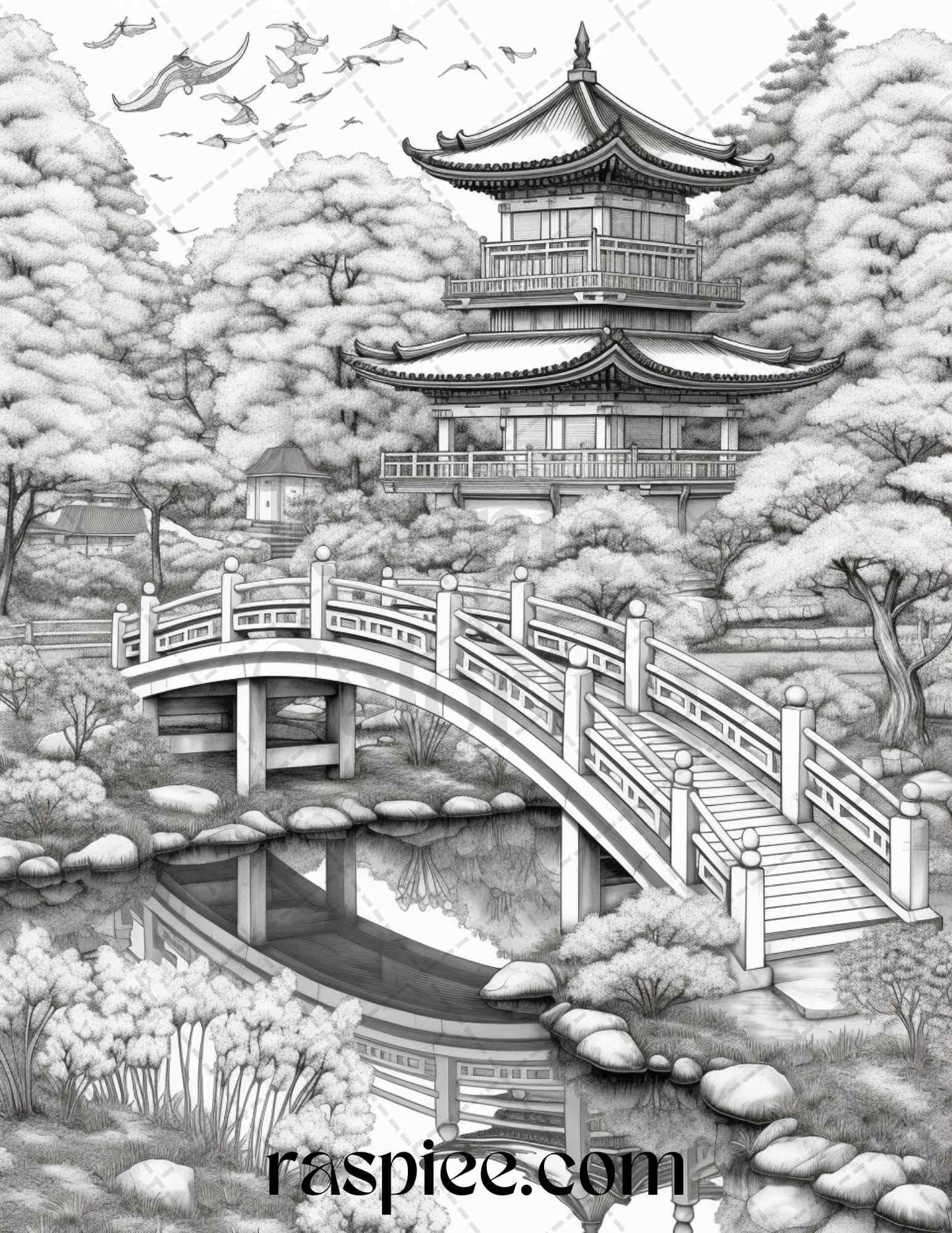 Japanese Garden Grayscale Coloring Pages Printable for Adults, PDF File Instant Download