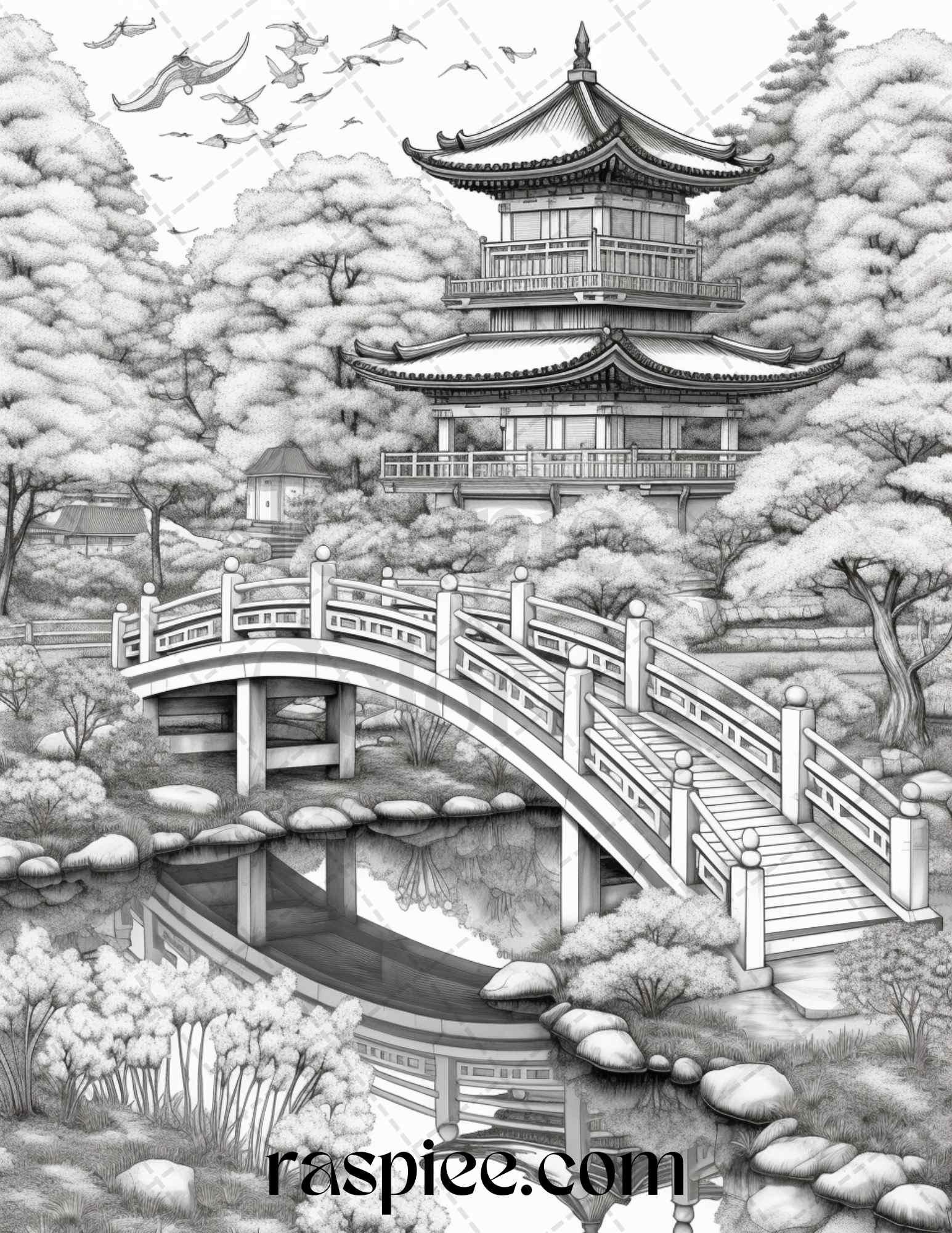Japanese Garden Grayscale Coloring Pages Printable for Adults, PDF File Instant Download