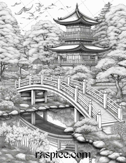 Japanese Garden Grayscale Coloring Pages Printable for Adults, PDF File Instant Download