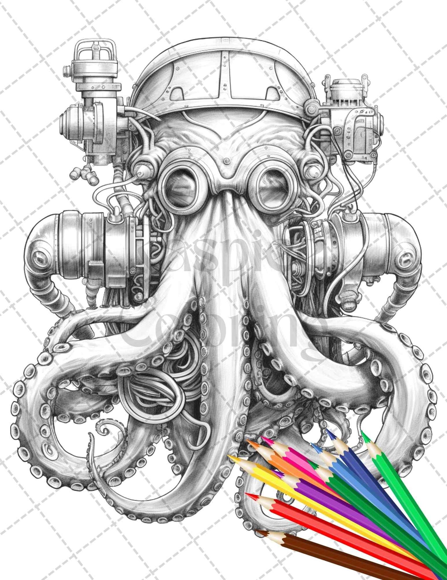 60 Steampunk Animals Grayscale Coloring Pages Printable for Adults, PDF File Instant Download