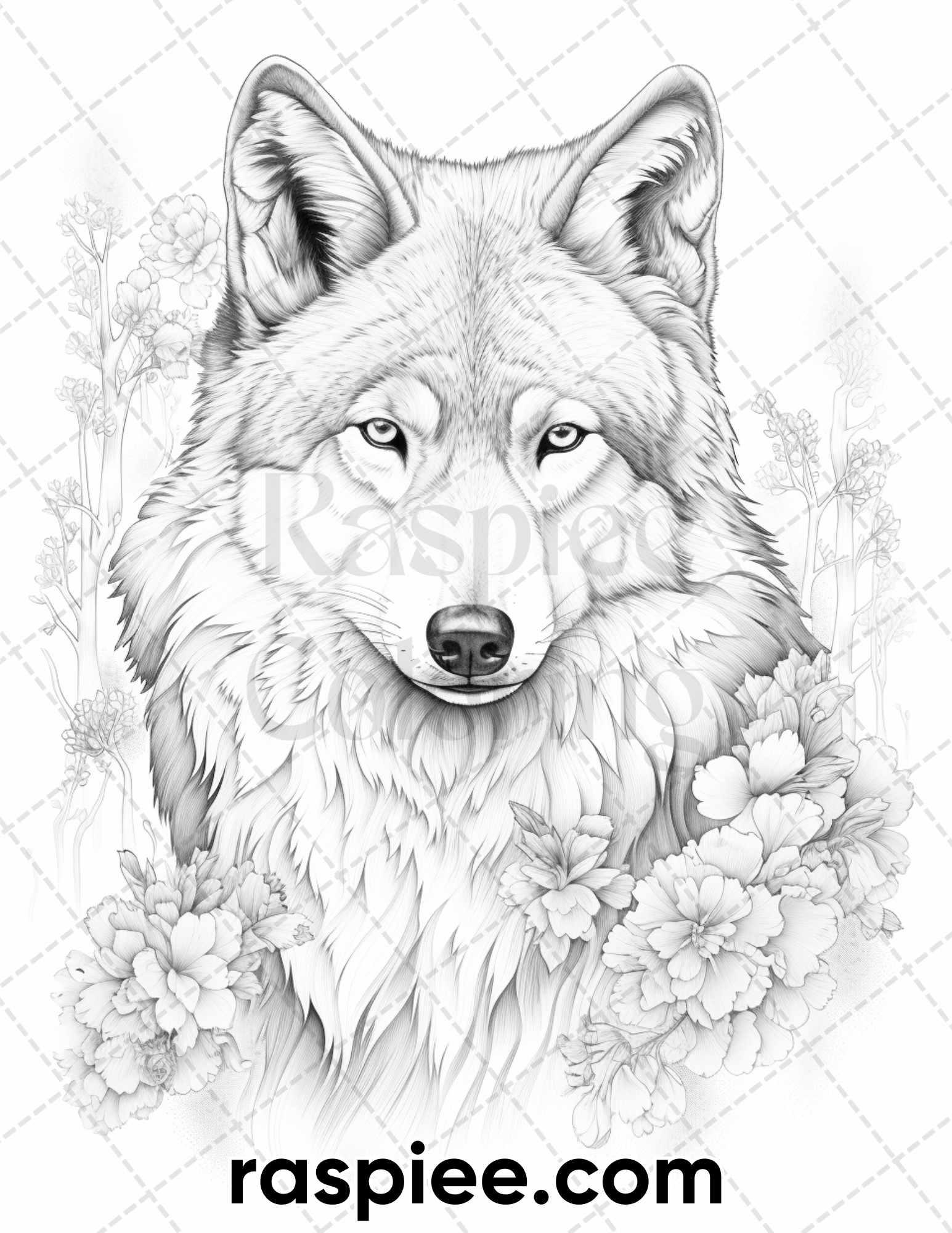 50 Winter Wolf Grayscale Coloring Pages for Adults, Printable PDF Instant Download