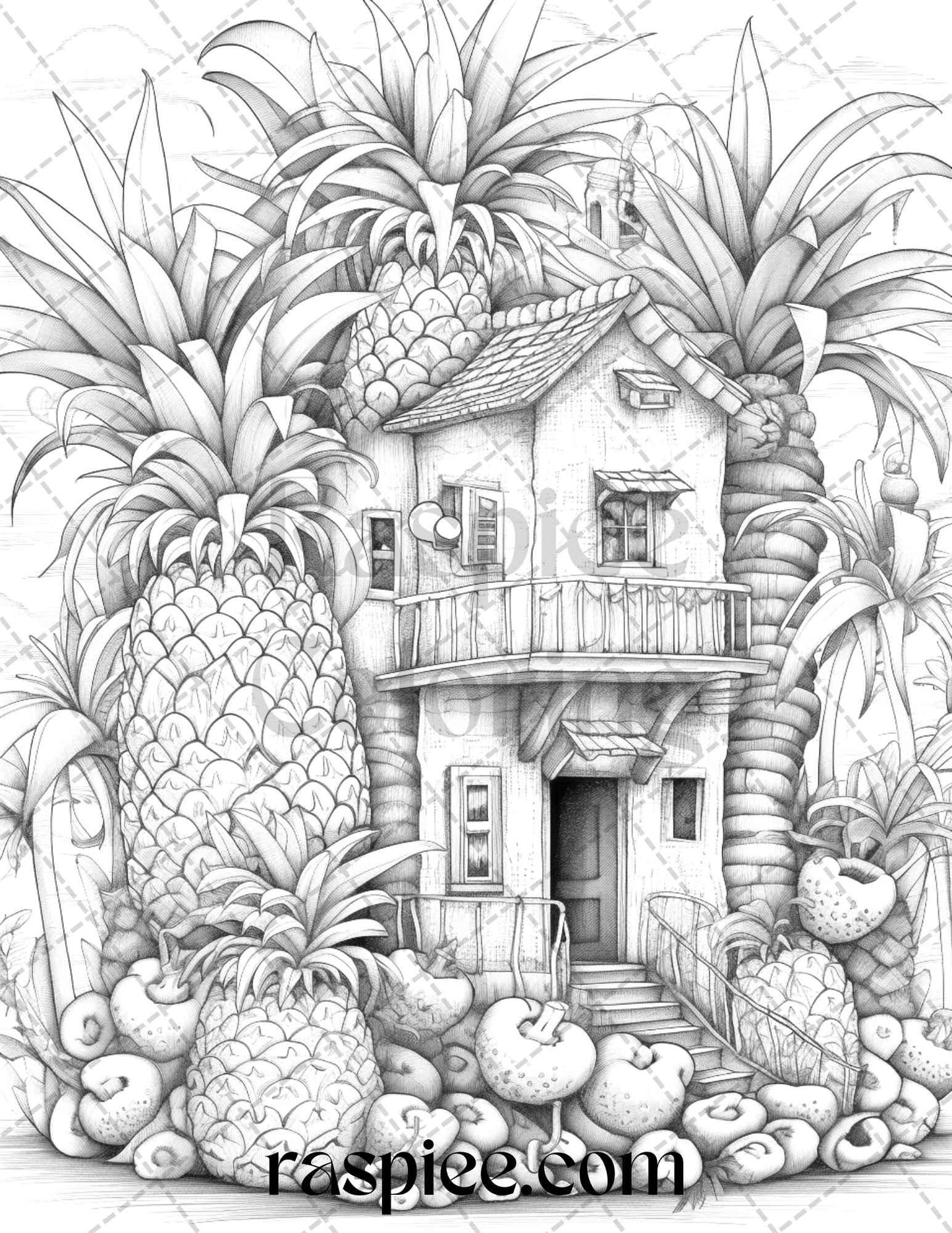 50 Pineapple Houses Grayscale Coloring Pages Printable for Adults, PDF File Instant Download