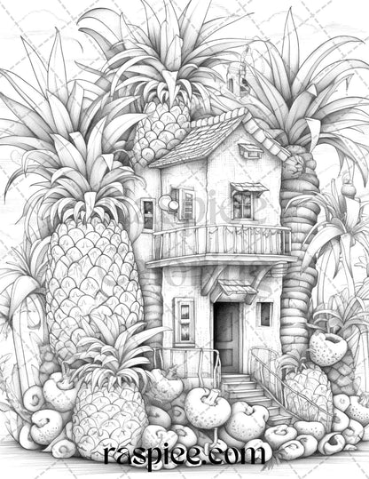 50 Pineapple Houses Grayscale Coloring Pages Printable for Adults, PDF File Instant Download