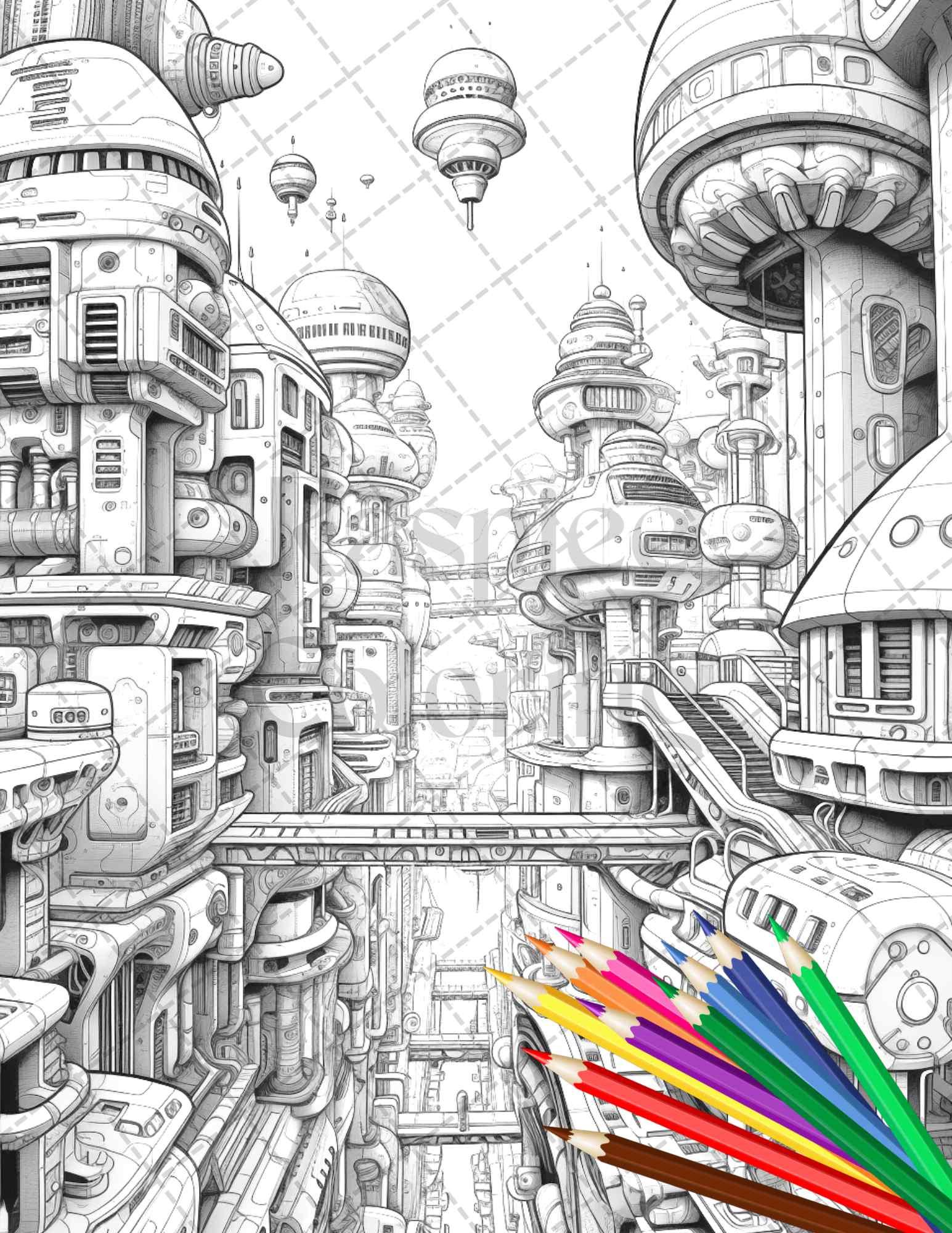 50 Futuristic Metropolis Grayscale Coloring Pages Printable for Adults, PDF File Instant Download