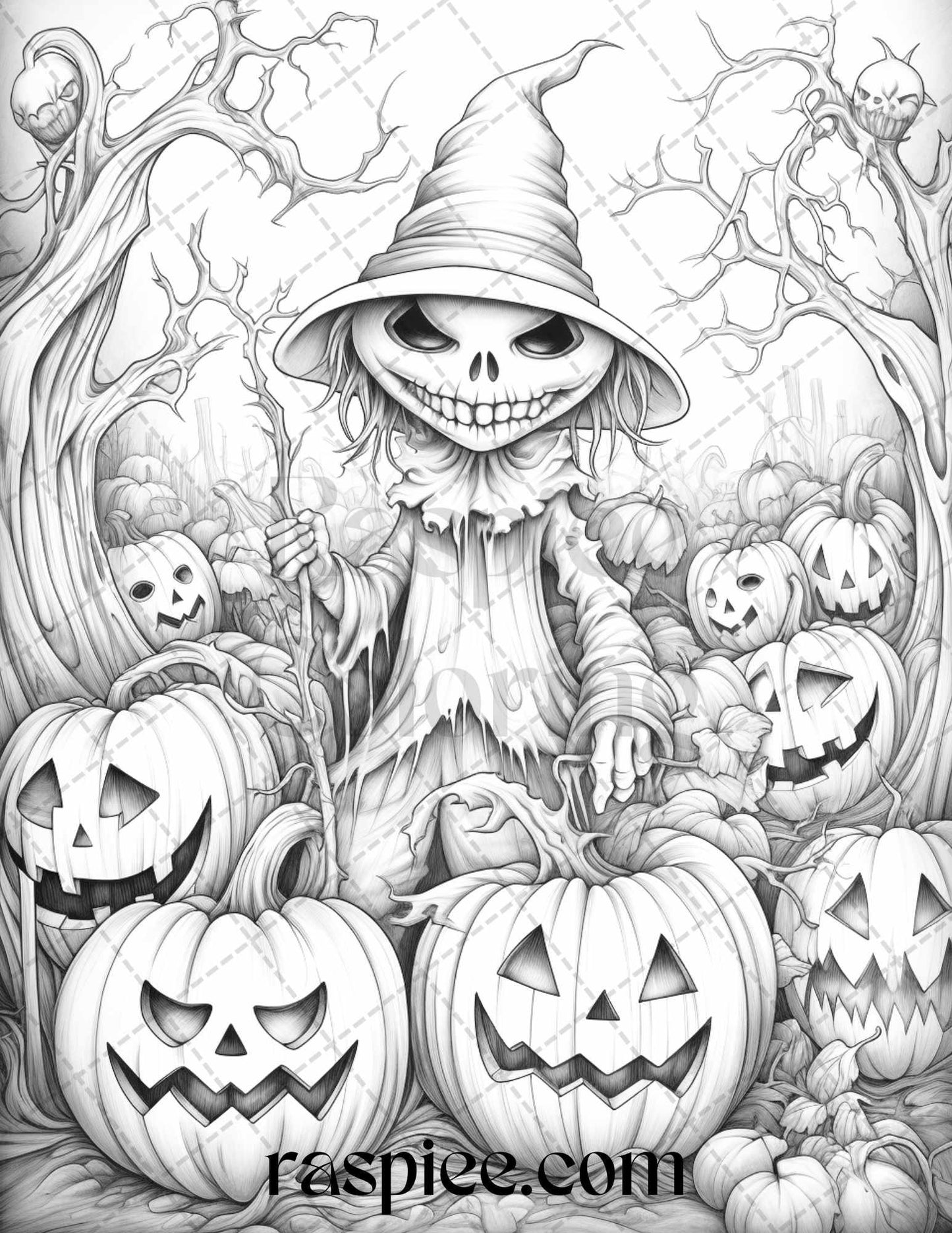 50 Halloween Scarecrows Grayscale Coloring Pages Printable for Adults, PDF File Instant Download