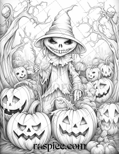 50 Halloween Scarecrows Grayscale Coloring Pages Printable for Adults, PDF File Instant Download