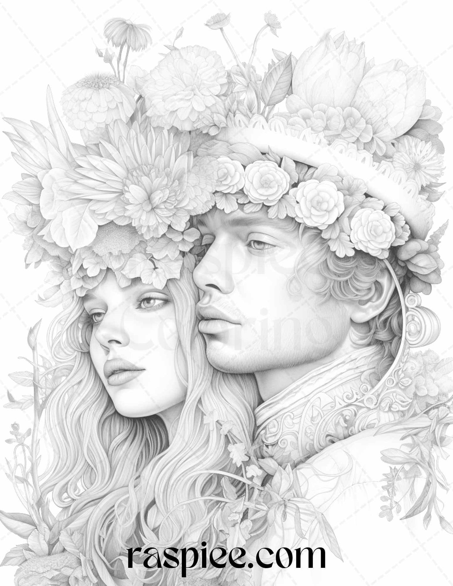 50 Romantic Couple Flowers Grayscale Coloring Pages Printable for Adults, PDF File Instant Download