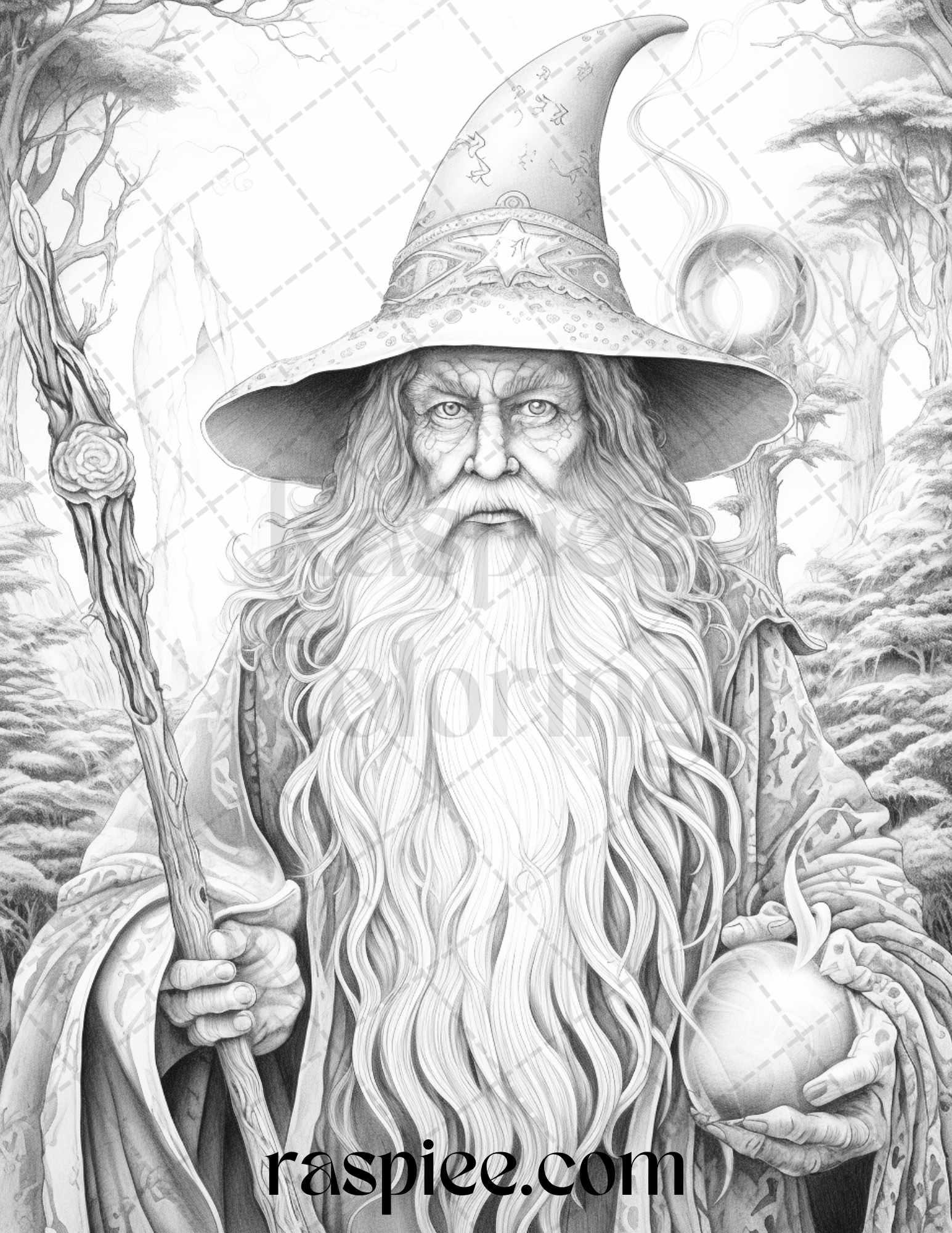 50 Magical Wizard Grayscale Coloring Pages for Adults, Printable PDF File Instant Download