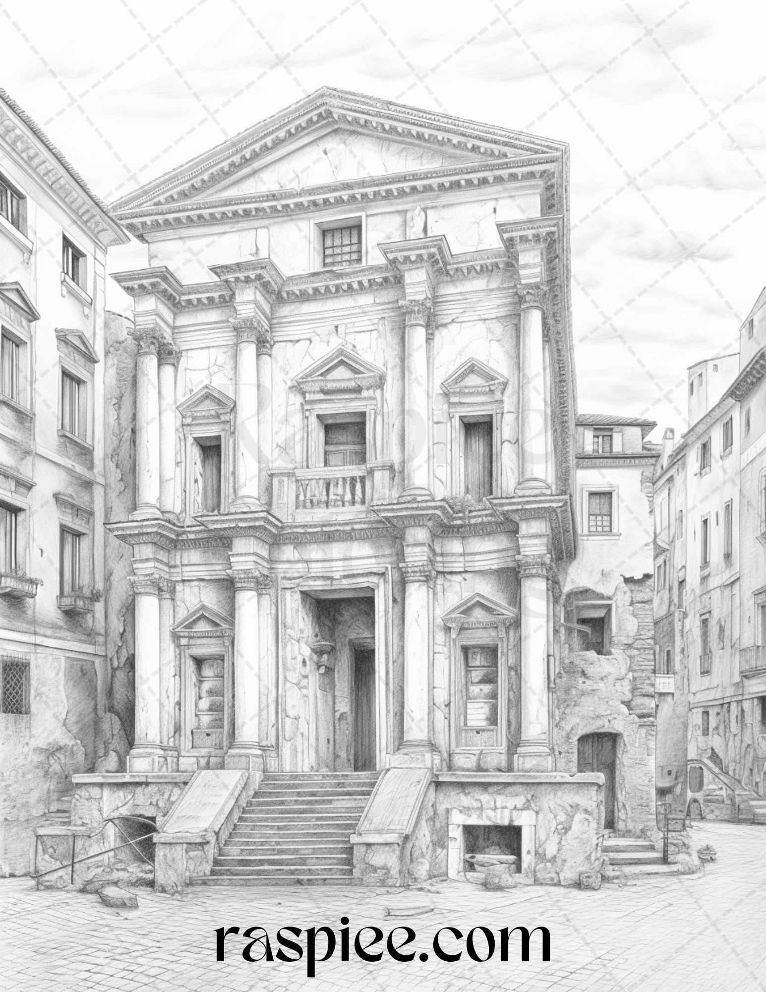 Roman Architecture Grayscale Coloring Pages Printable for Adults, PDF File Instant Download