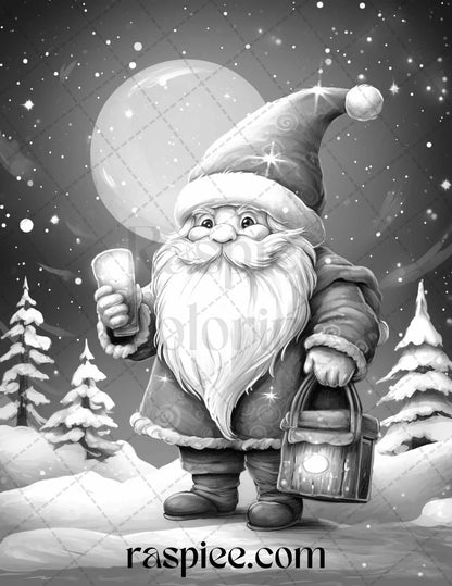 60 Christmas Gnomes Grayscale Coloring Pages Printable for Adults and Kids, PDF File Instant Download