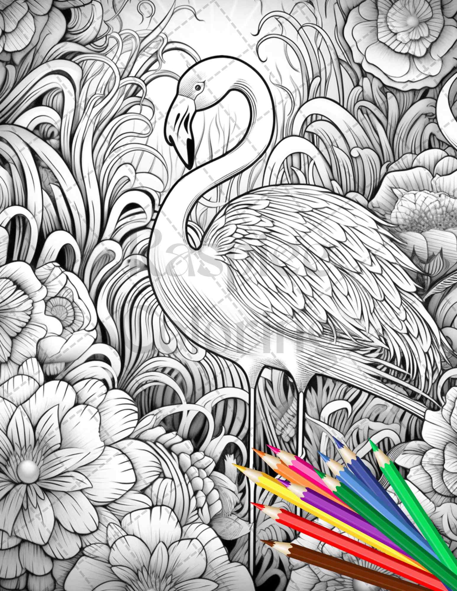 Flamingo Oasis Grayscale Coloring Pages Printable for Adults, PDF File Instant Download