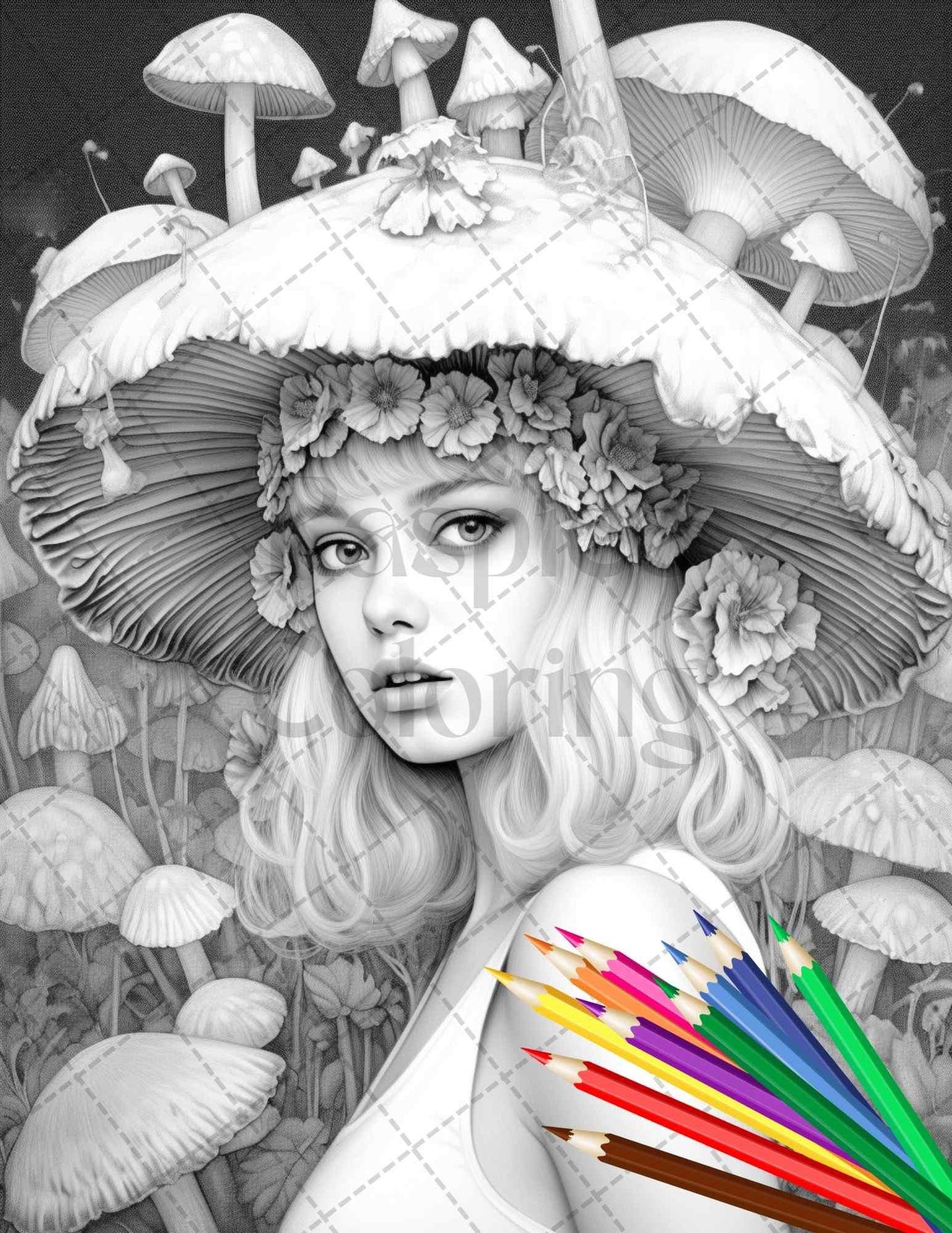 50 Mushroom Fairy Grayscale Coloring Pages Printable for Adults, PDF File Instant Download