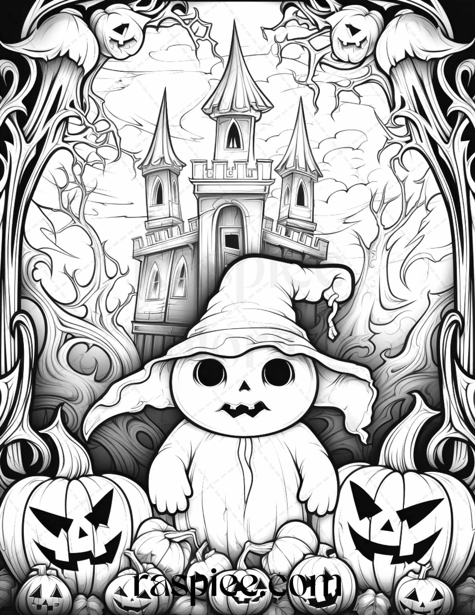 50 Halloween Cute Ghosts Grayscale Coloring Printable for Adults Kids, PDF File Instant Download