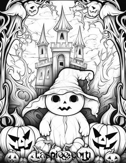 50 Halloween Cute Ghosts Grayscale Coloring Printable for Adults Kids, PDF File Instant Download