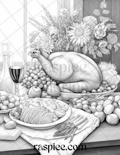Thanksgiving Dinner Grayscale Coloring Pages for Adults, Relaxing Fall Coloring Sheets, Printable PDF File Instant Download