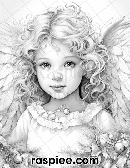 55 Christmas Angel Grayscale Coloring Pages for Adults, Printable PDF Instant Download