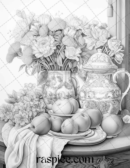 52 Still Life Grayscale Coloring Pages Printable for Adults, PDF File Instant Download
