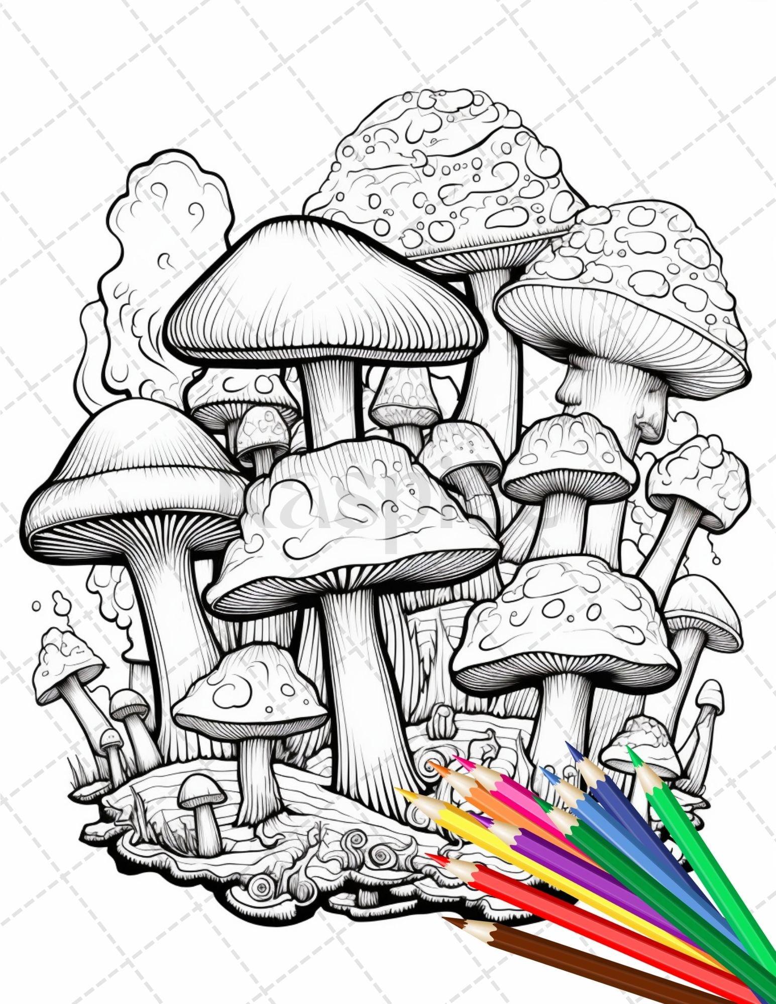 Psychedelic Mushroom Forest Coloring Book Printable for Adults, Trippy Grayscale Coloring Page, PDF File Instant Download