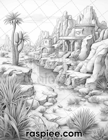 55 Desert Oasis Fairy Homes Grayscale Coloring Pages for Adults, Printable PDF Instant Download