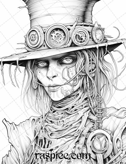 53 Scary Steampunk Scarecrows Grayscale Coloring Pages Printable for Adults, PDF File Instant Download