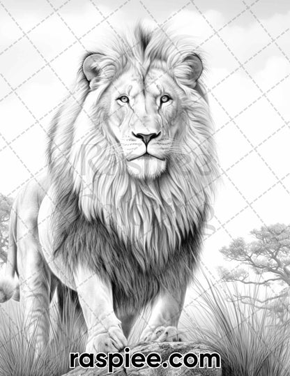 55 Wild Animals Grayscale Coloring Pages for Adults, Printable PDF Instant Download