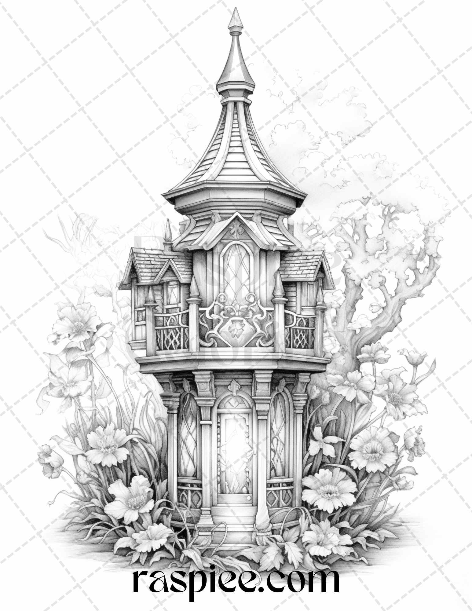 50 Lantern Fairy Houses Grayscale Coloring Pages Printable for Adults, PDF File Instant Download