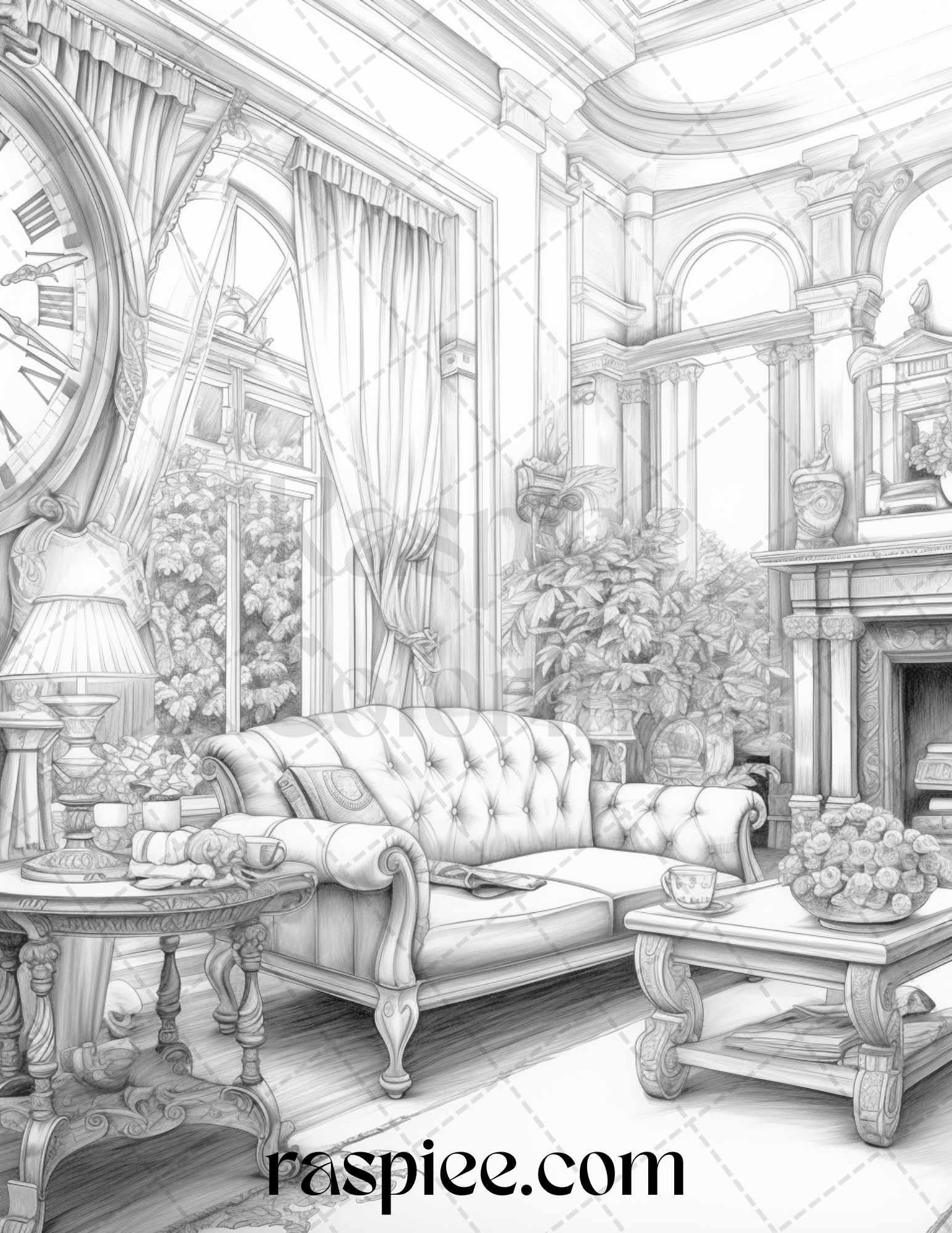 Fantasy Interior Grayscale Coloring Pages for Adults, Printable PDF File Instant Download