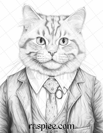 Gentleman Cat Grayscale Coloring Pages Printable for Adults Kids, PDF File Instant Download