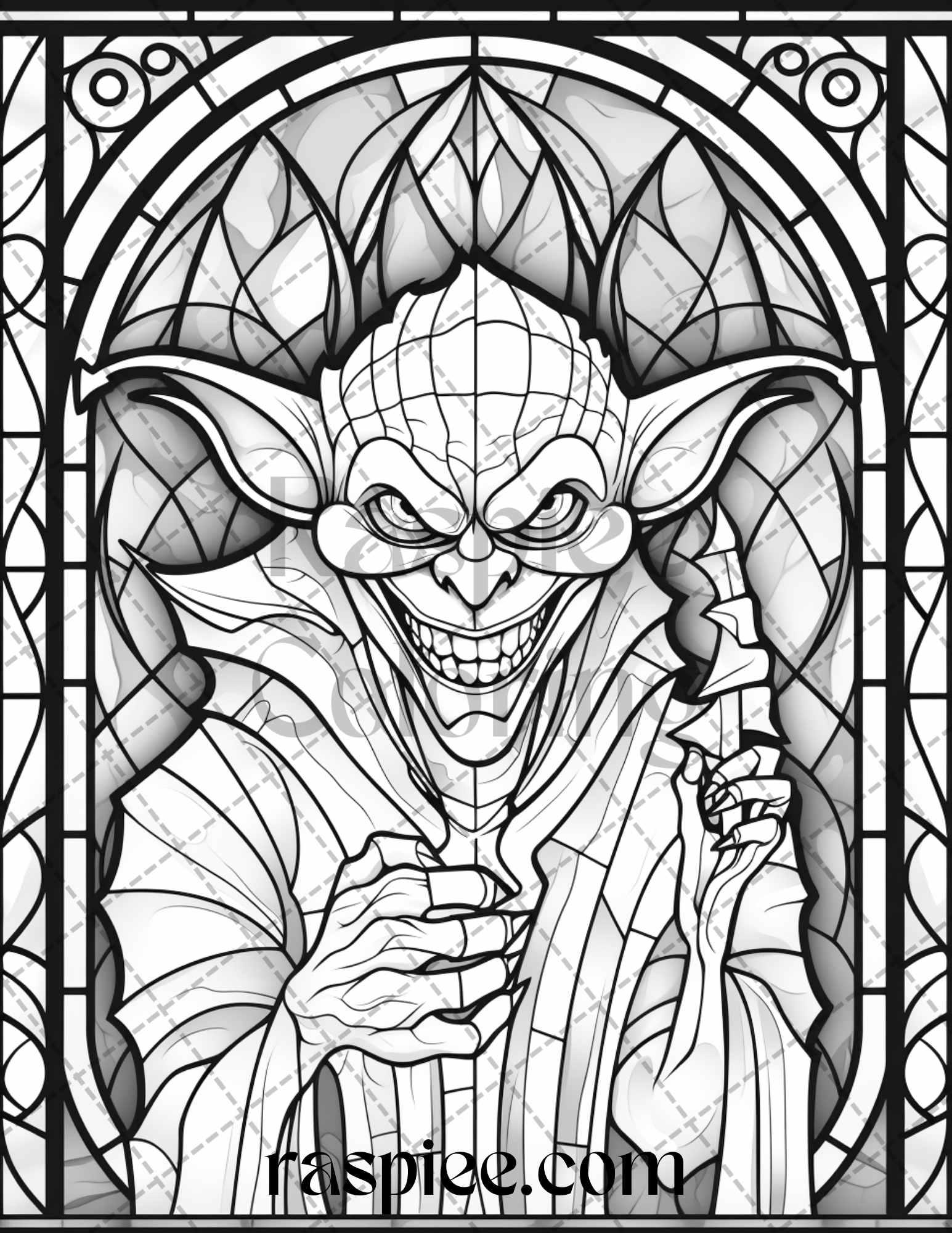 70 Halloween Stained Glass Grayscale Coloring Pages Printable for Adults, PDF File Instant Download