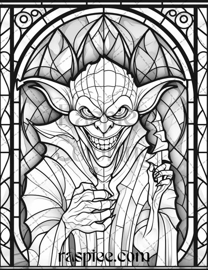 70 Halloween Stained Glass Grayscale Coloring Pages Printable for Adults, PDF File Instant Download