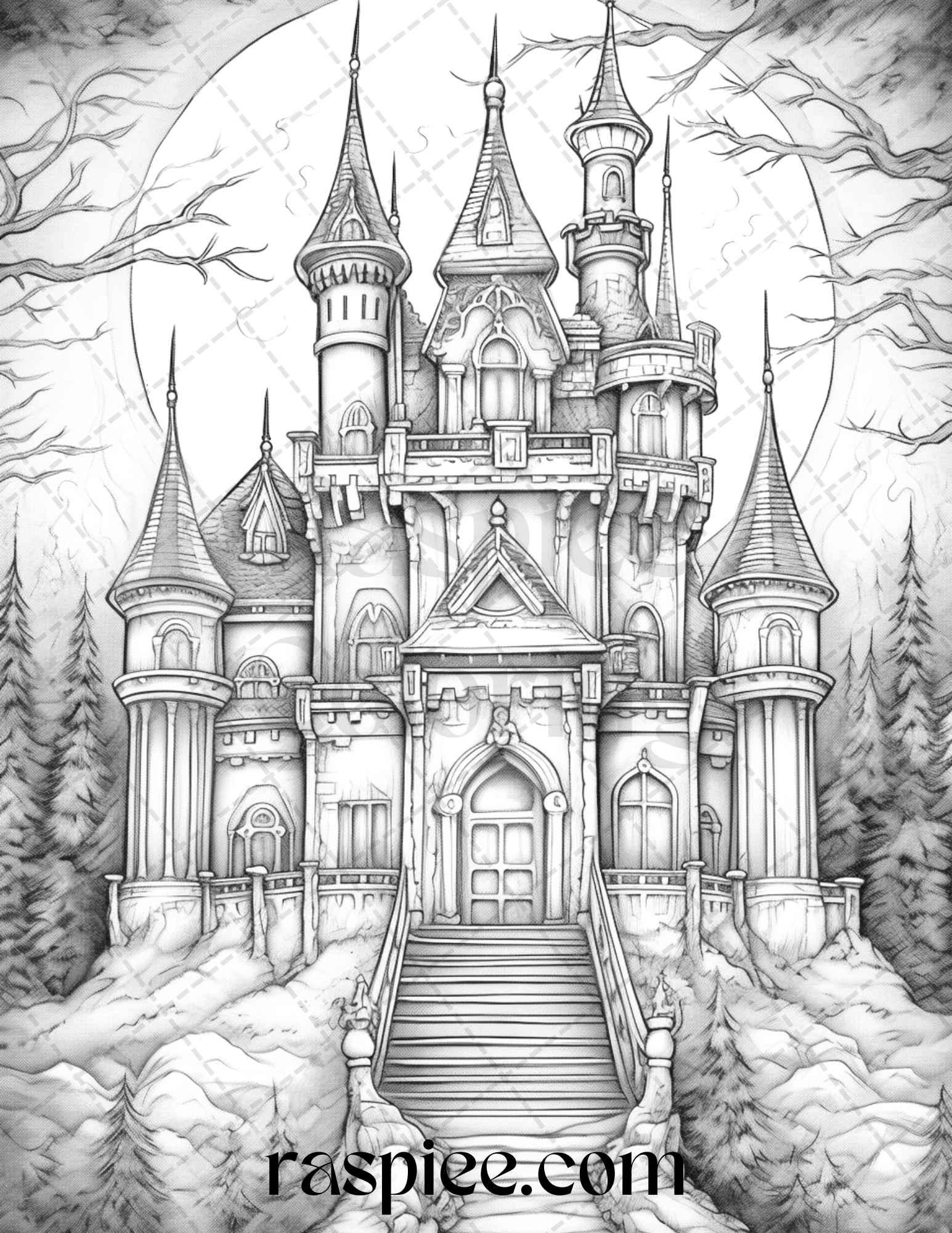 50 Haunted Castles Grayscale Coloring Pages Printable, Halloween Coloring Book, PDF File Instant Download
