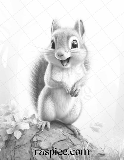 52 Adorable Squirrels Grayscale Coloring Pages Printable for Adults Kids, PDF File Instant Download