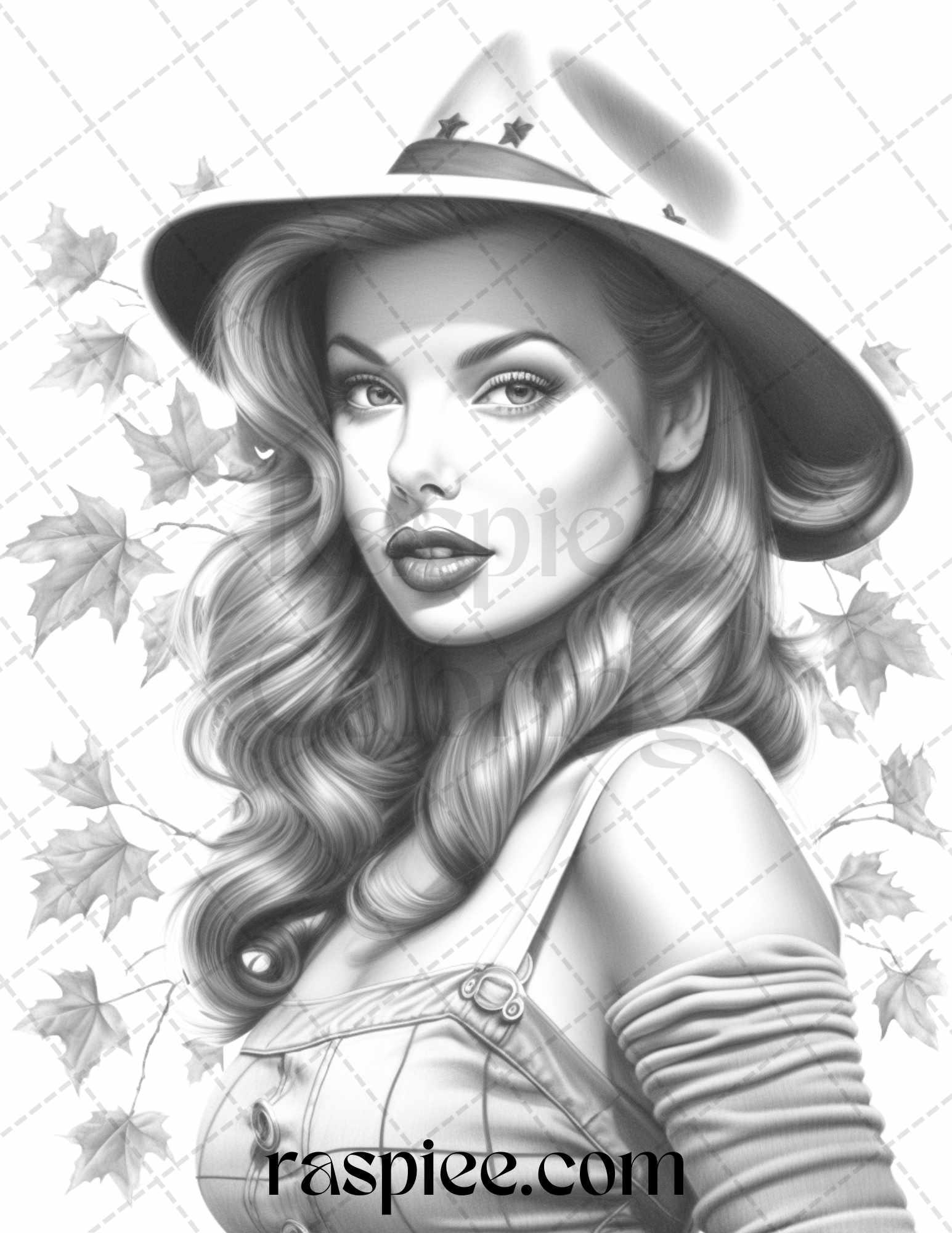 55 Autumn Pin Up Girls Grayscale Coloring Pages Printable for Adults, PDF File Instant Download