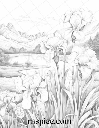 60 Mountain Flower Landscapes Grayscale Coloring Pages Printable for Adults, PDF File Instant Download