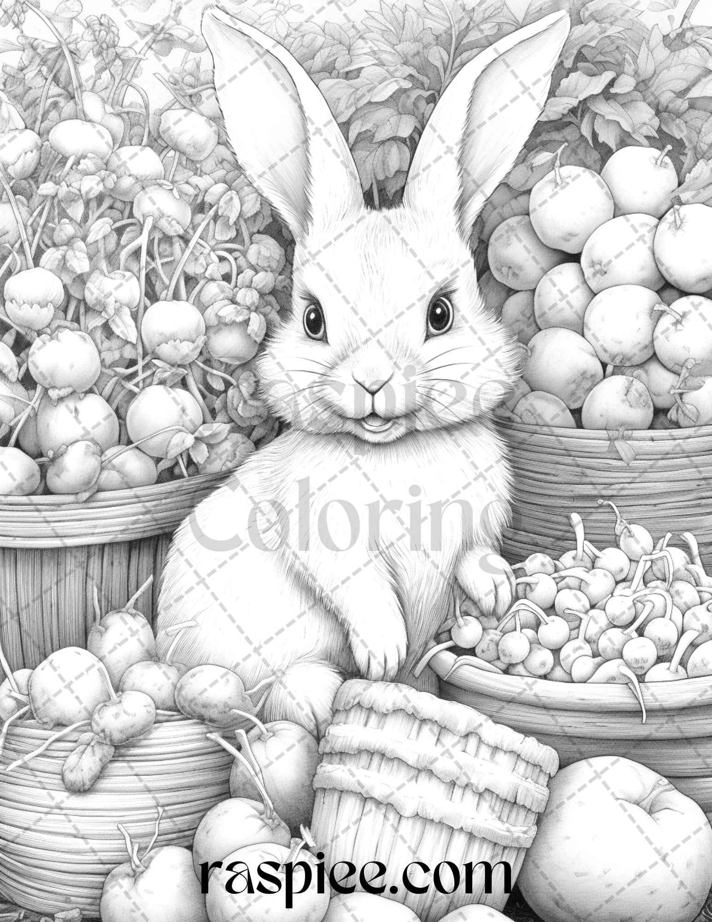 50 Rabbit Garden Grayscale Coloring Pages Printable for Adults, PDF File Instant Download