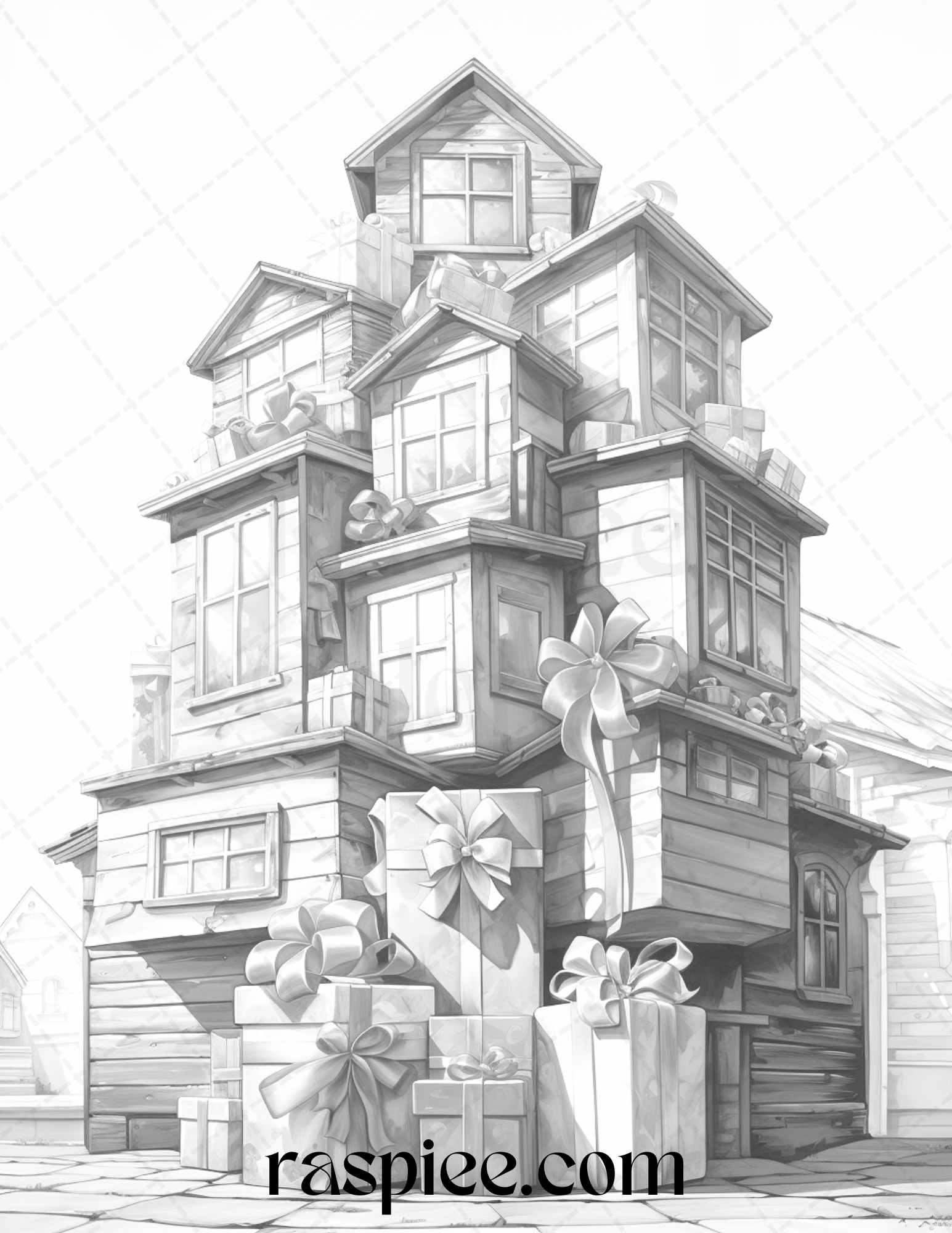 40 Adorable Gift Box Houses Grayscale Coloring Pages Printable for Adults Kids, PDF File Instant Download