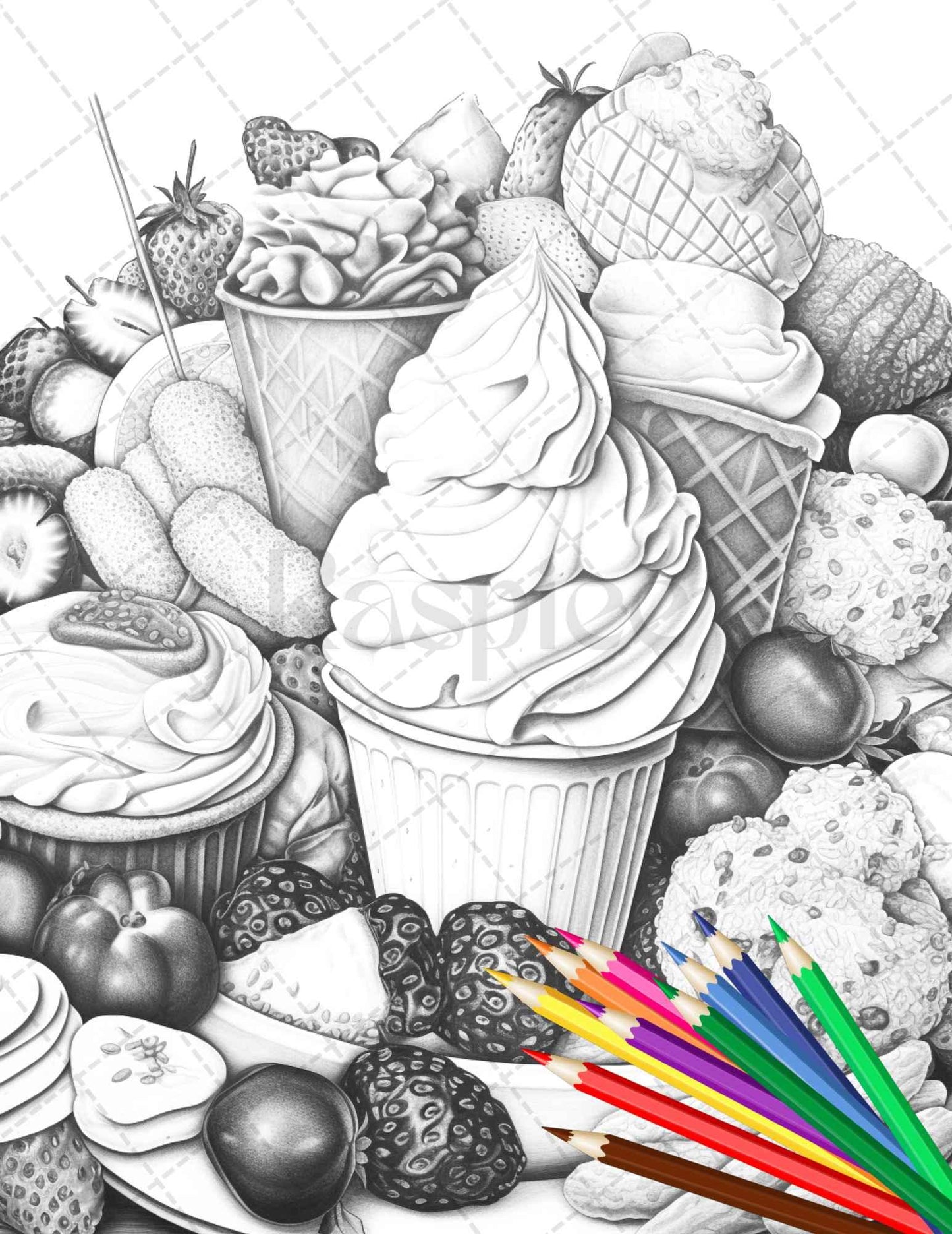 36 Sweet Desserts Coloring Pages Printable for Adults, Grayscale Coloring Page, PDF File Instant Download