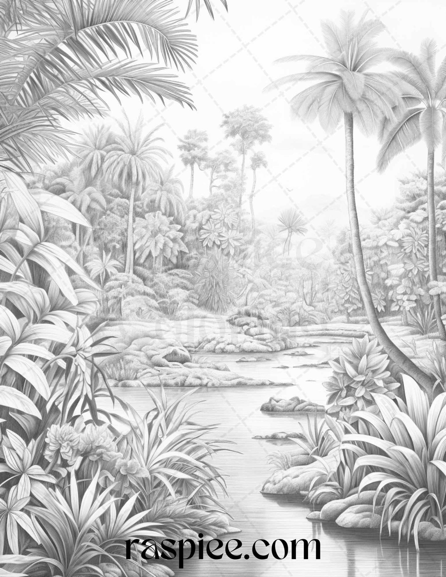 52 Tropical Oasis Grayscale Coloring Pages Printable for Adults, PDF File Instant Download