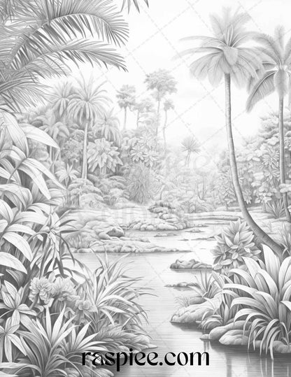 52 Tropical Oasis Grayscale Coloring Pages Printable for Adults, PDF File Instant Download