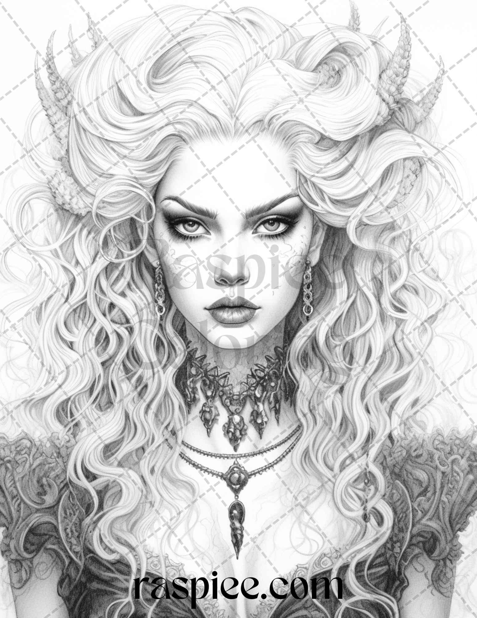 Bewitching Vampires Grayscale Coloring Pages Printable for Adults, PDF File Instant Download
