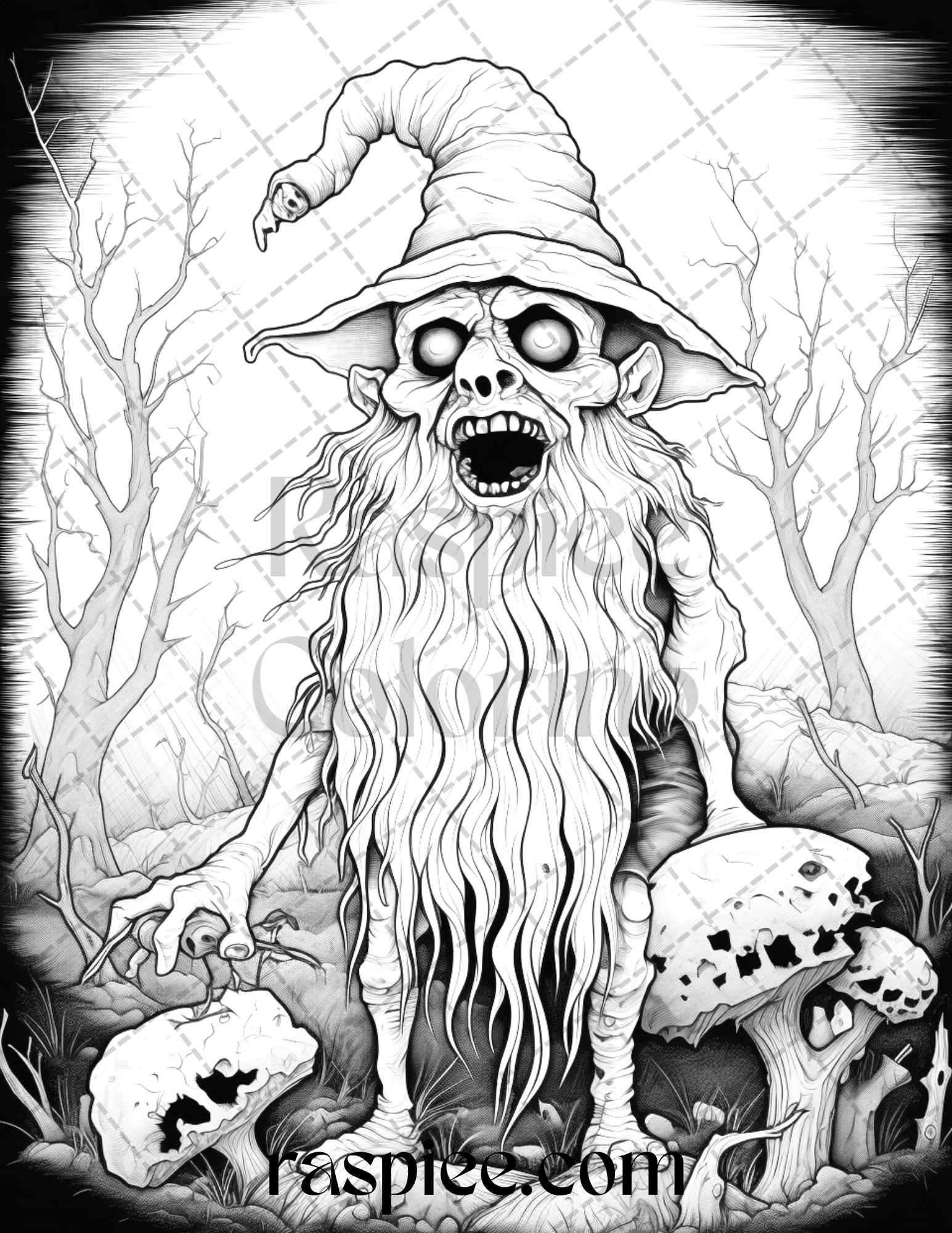 50 Horror Zombie Gnomes Grayscale Coloring Pages Printable for Adults, PDF File Instant Download